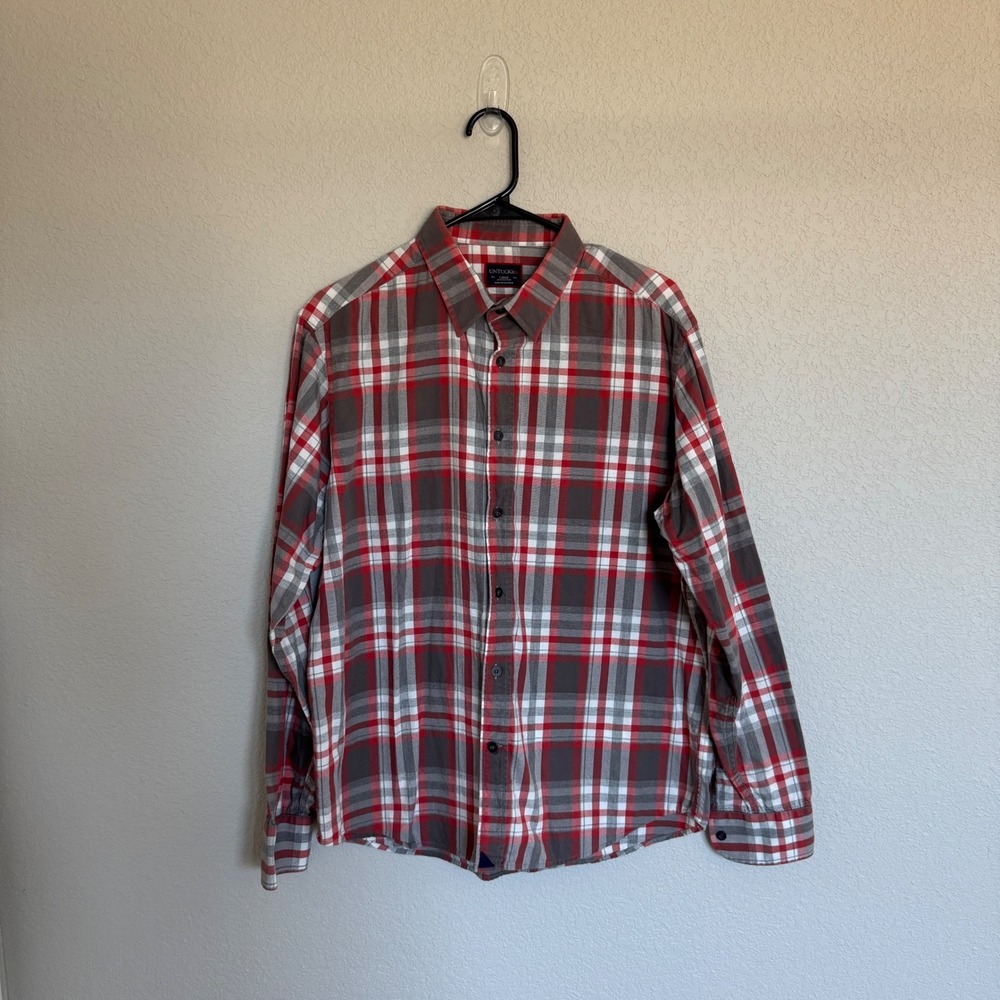 UNTUCKit Mens Large Red Grey Plaid Cotton Long Sleeve Button Down Shirt